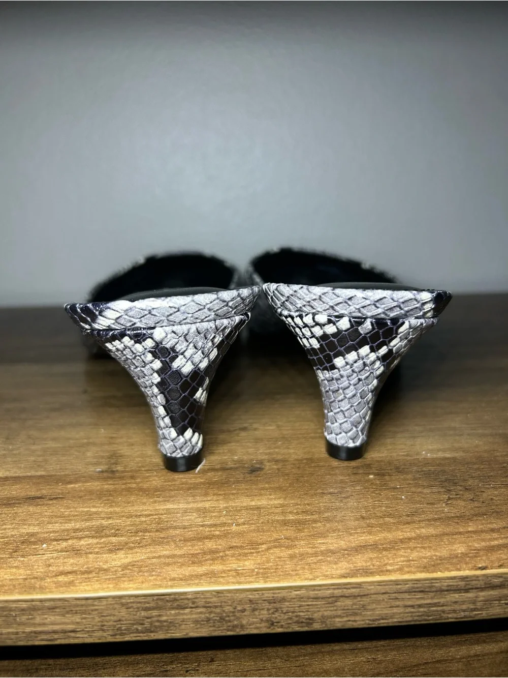 Marc Fisher Snake-Print Pointed Toe Mules in Black and Gray